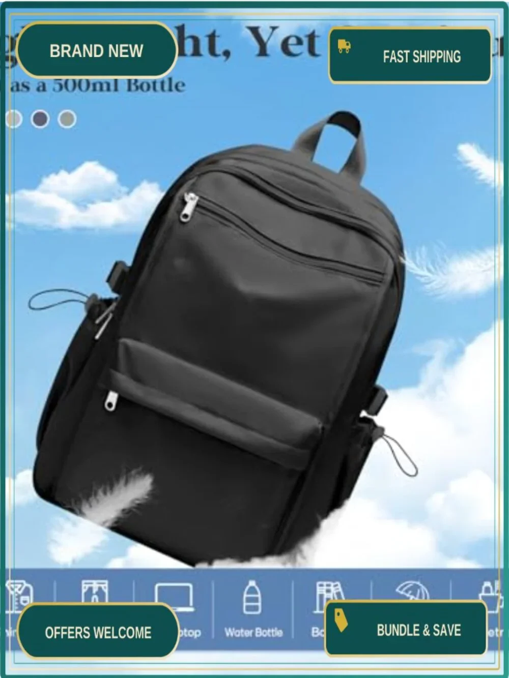 Water-Resistant Nylon Daypack Backpack with 5 Pockets for School Travel Work